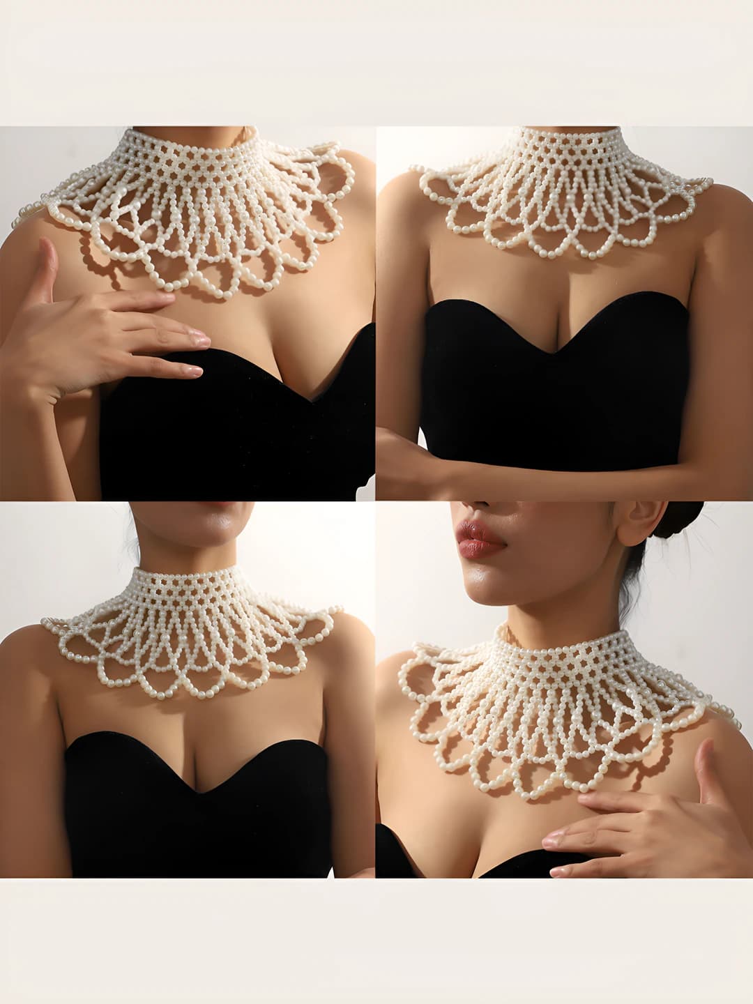 Women's retro French style hand-knitted faux pearl beaded collar necklace