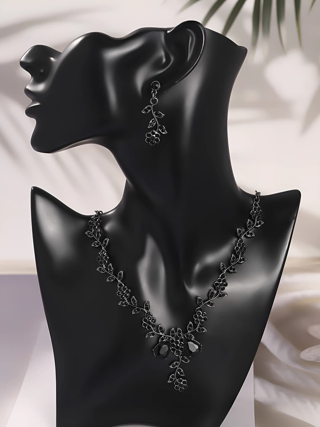 Black floral necklace earring set NS-J6586BLK