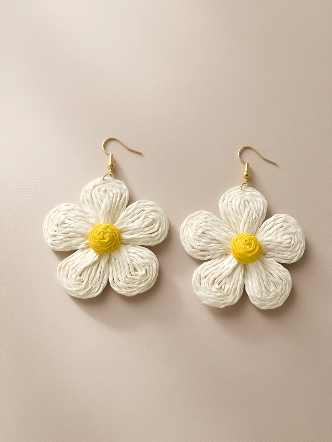 Off-white grass-woven large flower hook earrings