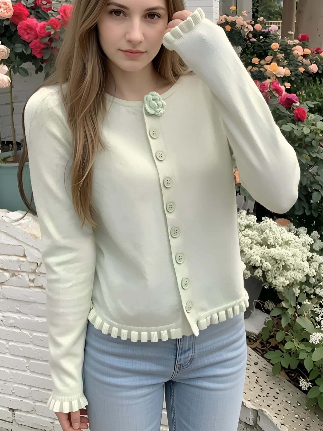 Women's spring-autumn French style knit cardigan, crew neck, long sleeve, solid colour, loose fit