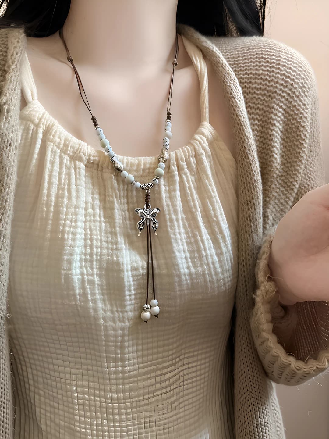 Long white butterfly necklace