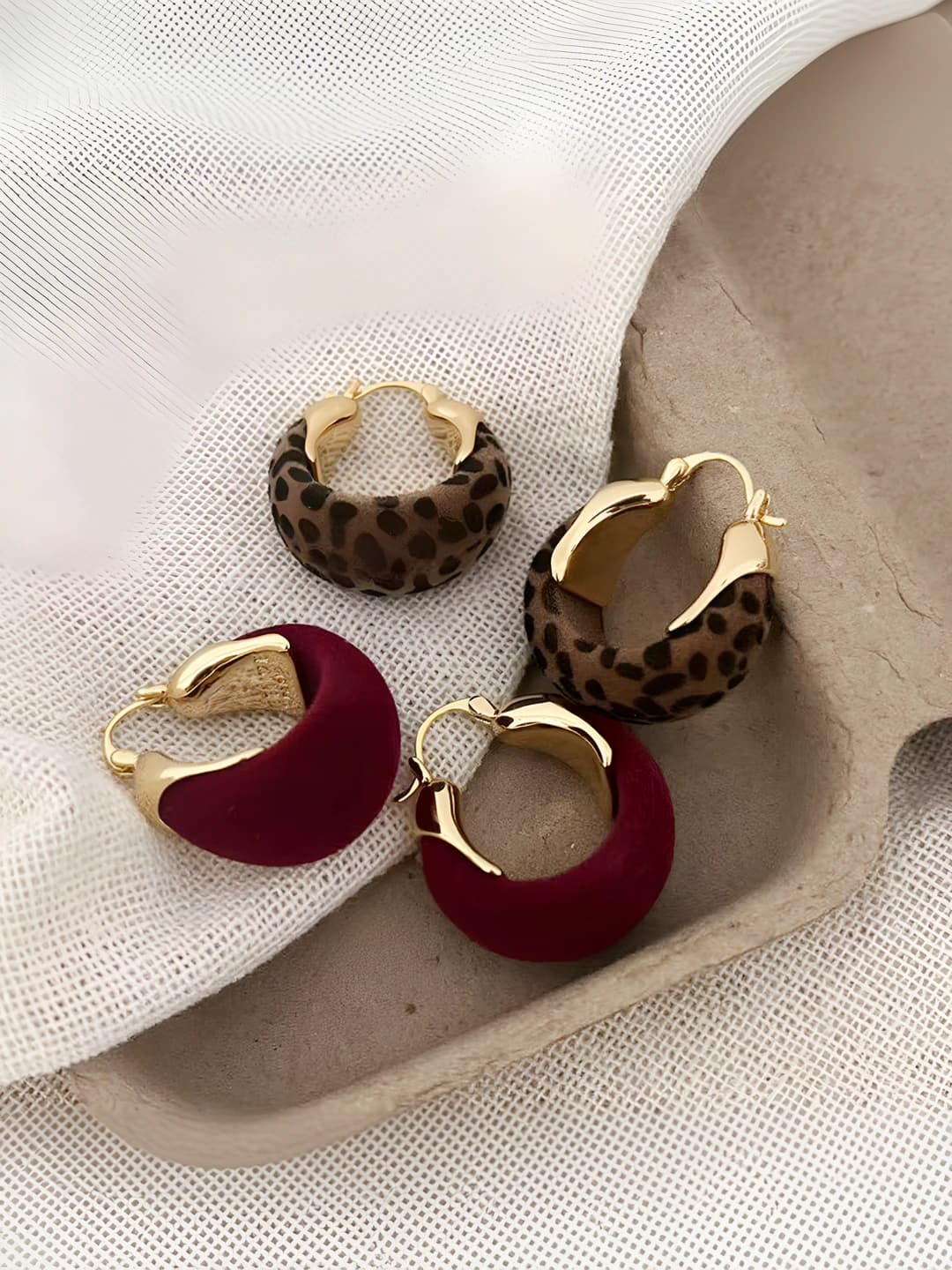 Women's autumn-winter red velvet retro leopard print hoop earrings