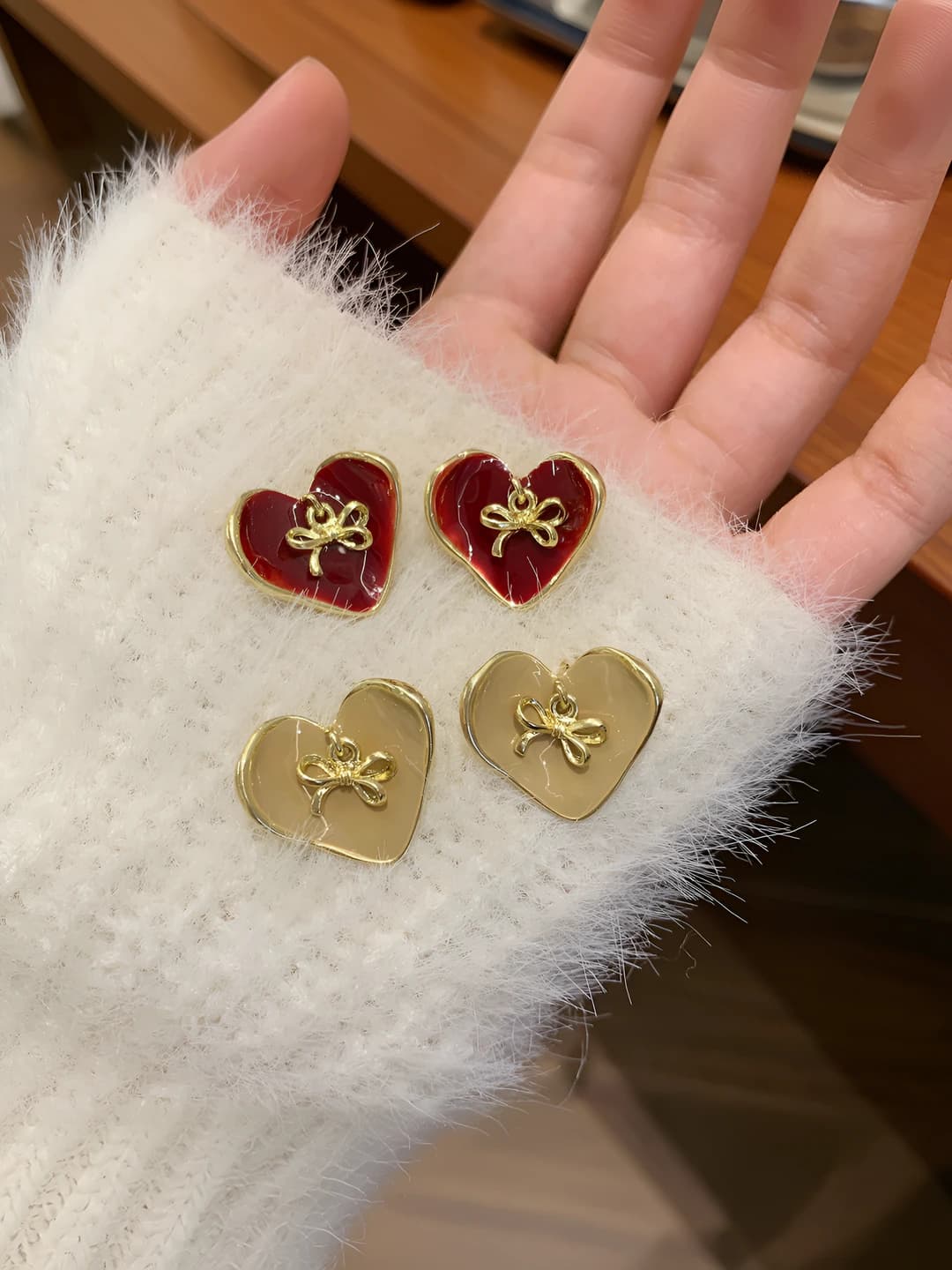 Women's retro style red heart earrings with 925 silver posts