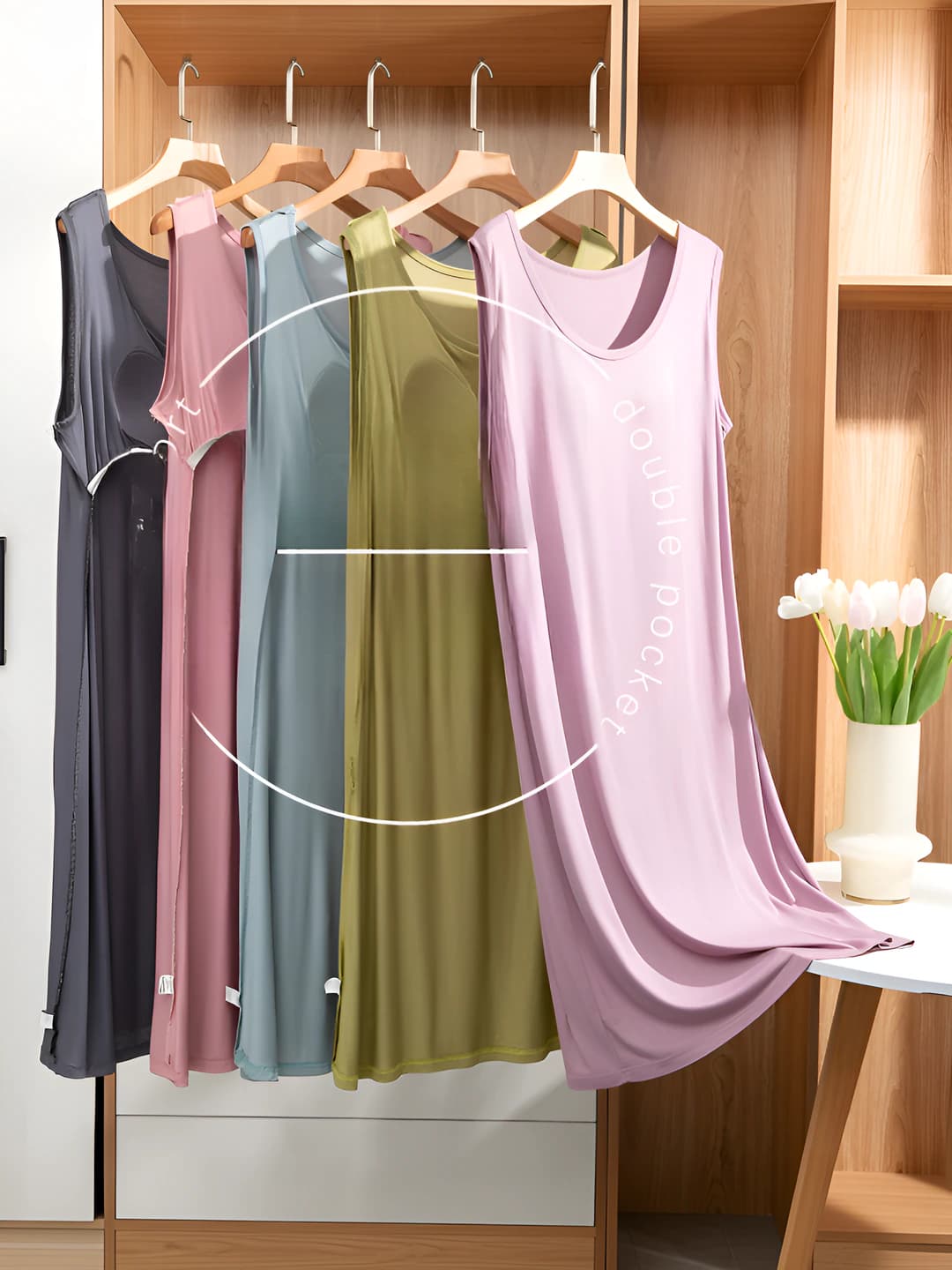 Ayollar uchun yengsiz uy kiyimi ko'ylagi, ichki byustgalter yostiqchalari bilan, dumaloq yoqa, yozgi, bo'sh (oversize) fit, 90%-95% modal