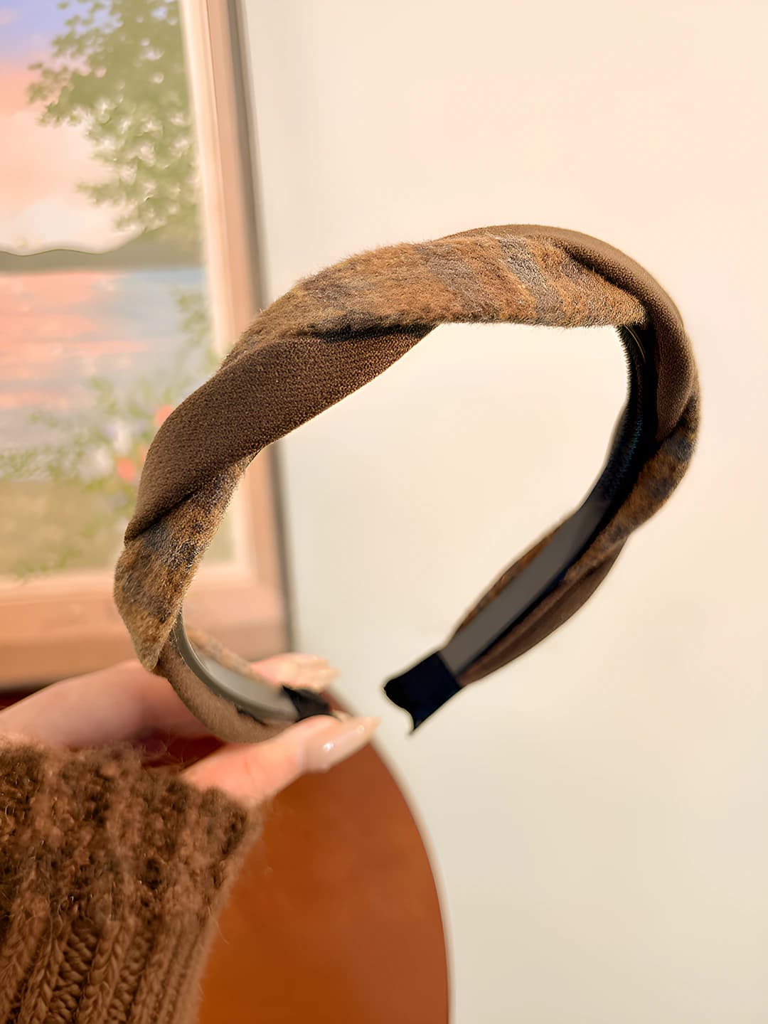 2# Coffee twill plaid hairband khaki