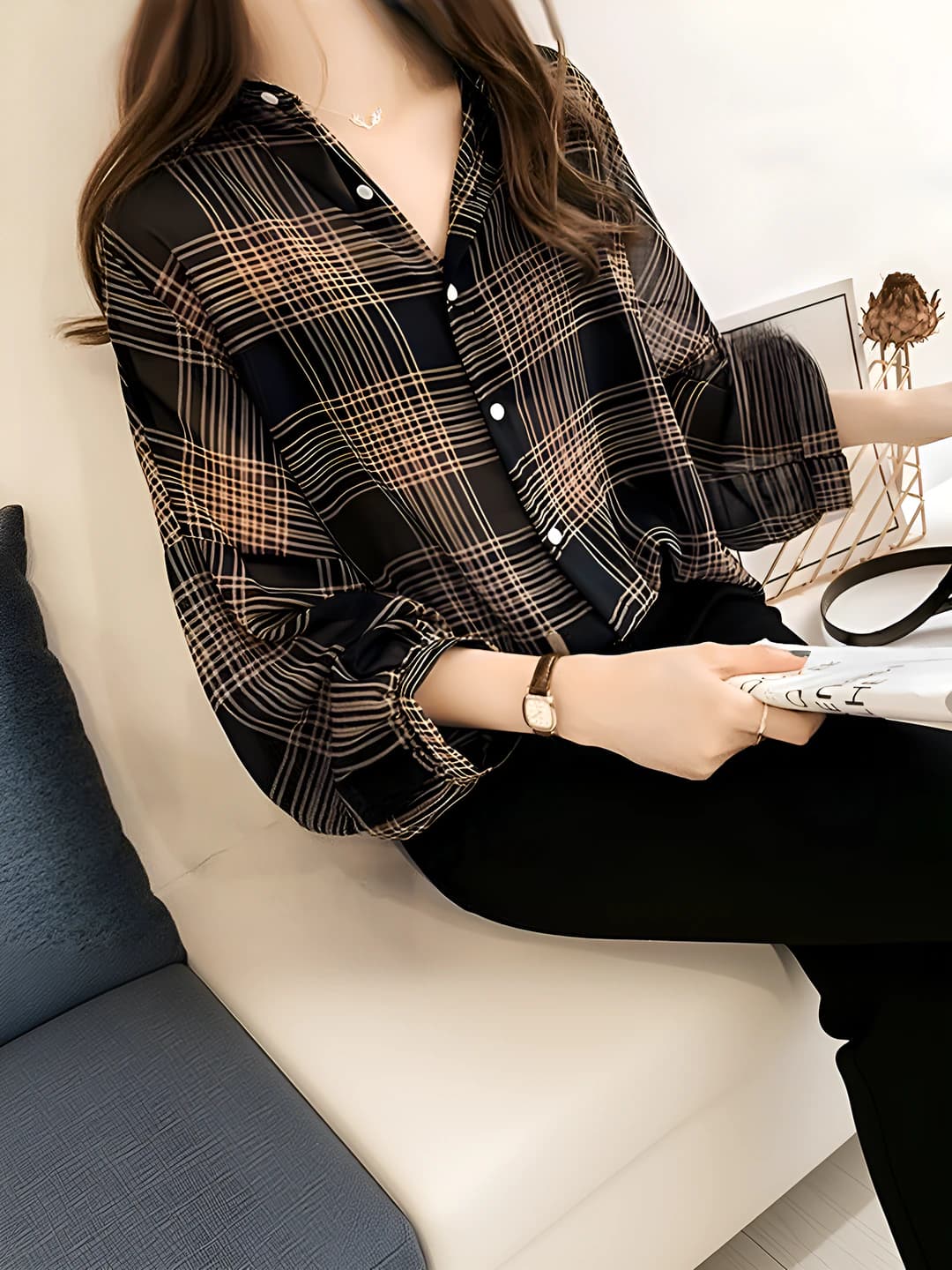 Women's checked long sleeve shirt, Korean style, retro, summer, slim fit, chiffon