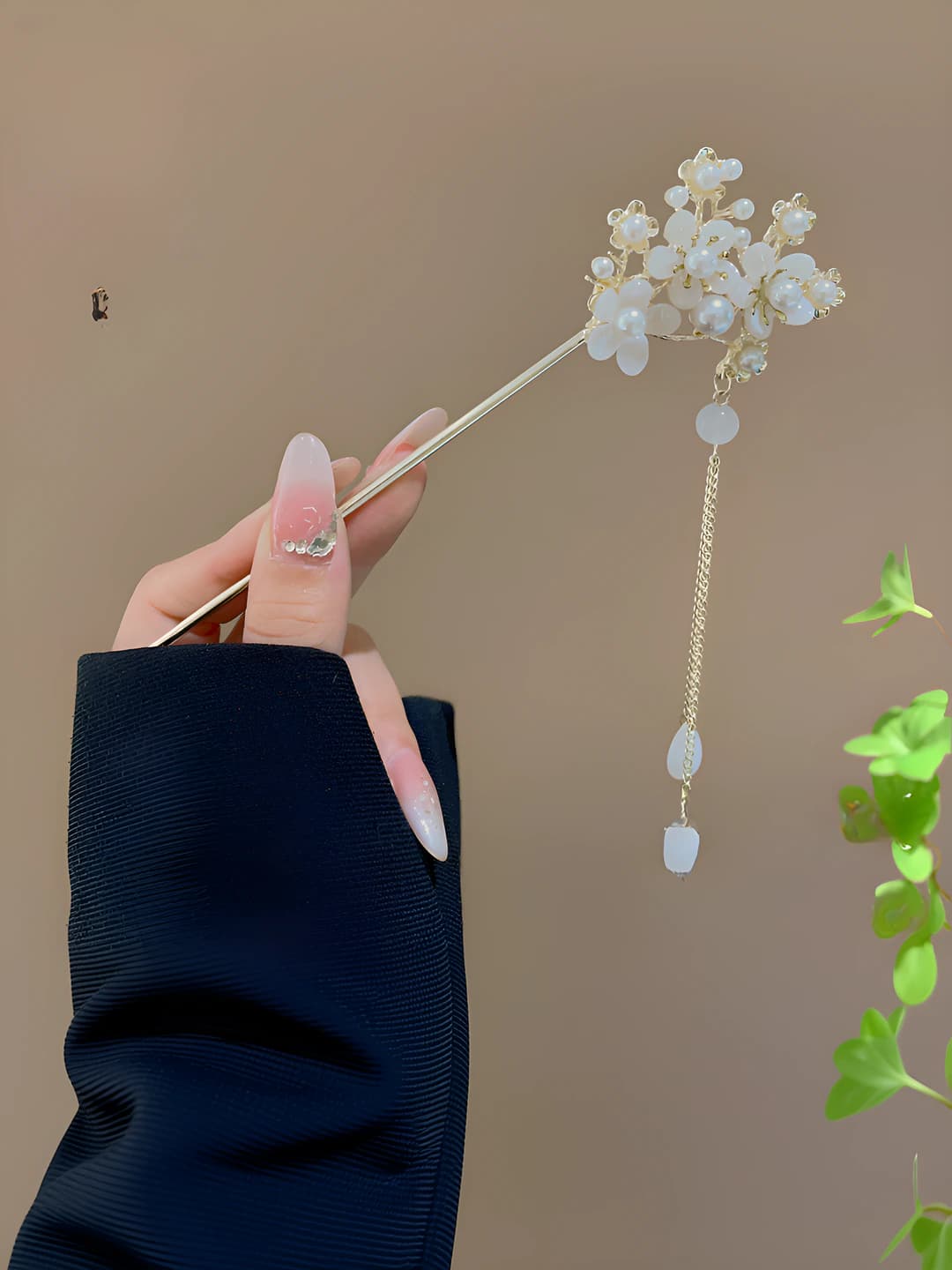 77# Three flower pearl tassel hairpin - Gold