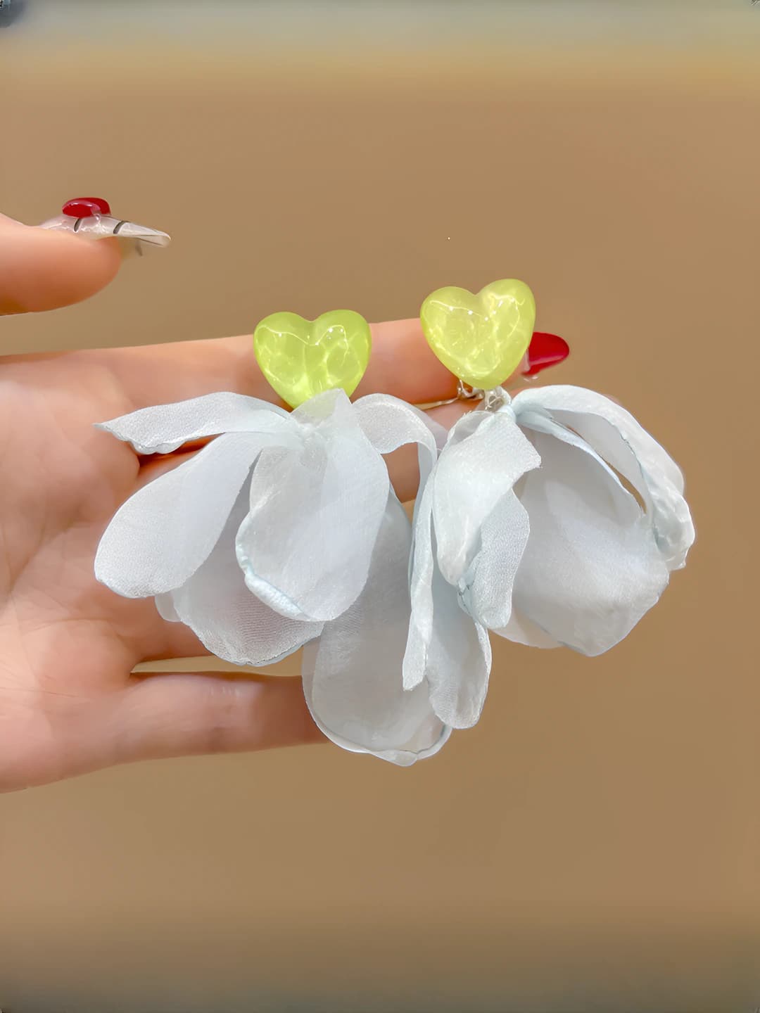 Chiffon flower, green heart, earrings