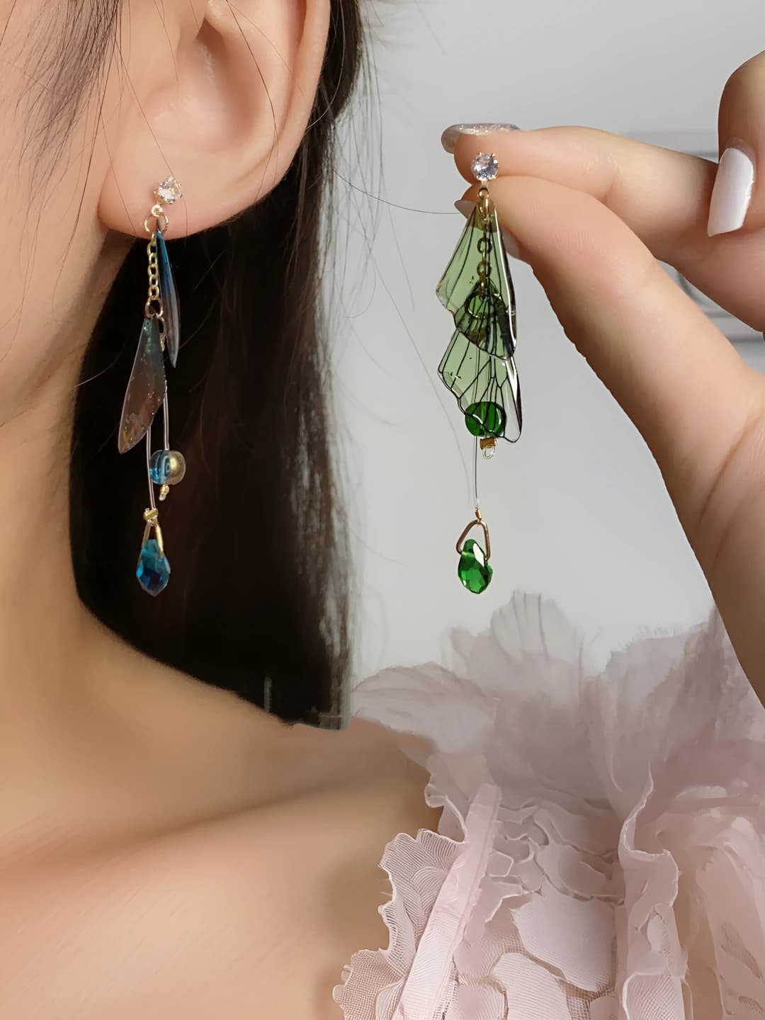 Women's long crystal butterfly earrings, OL style