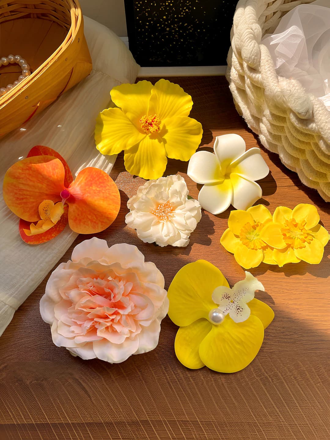 Women's yellow flower hair clip, summer vacation style, handmade mixed material design element