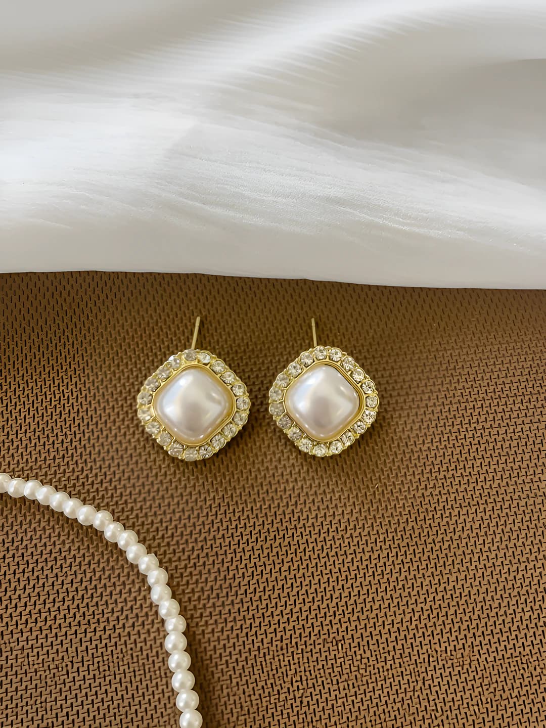 Square pearl diamond studs - 925 silver post