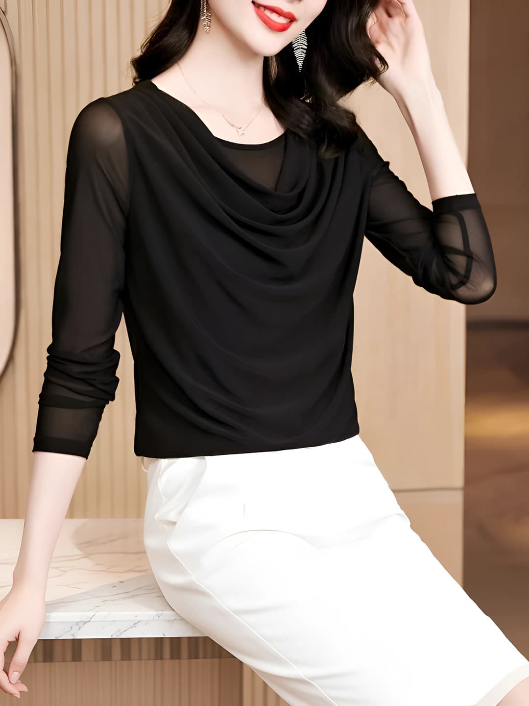 Women's thin sheer mesh long-sleeve base top for spring-autumn, slim fit, crew neck, to wear under blazer with skirt