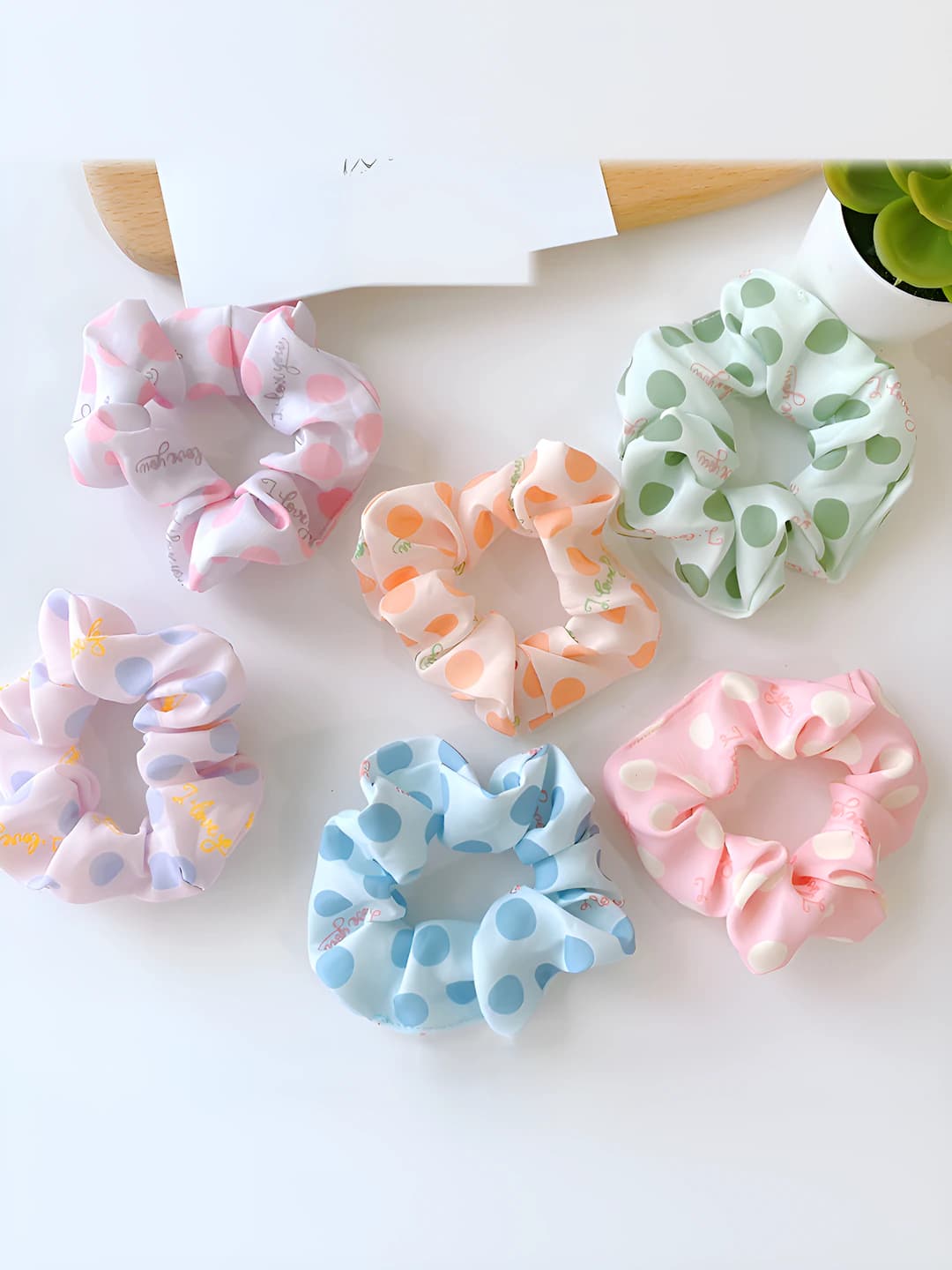 Women's fabric scrunchie hair ties: loose fit, handmade, polka dot and geometric design