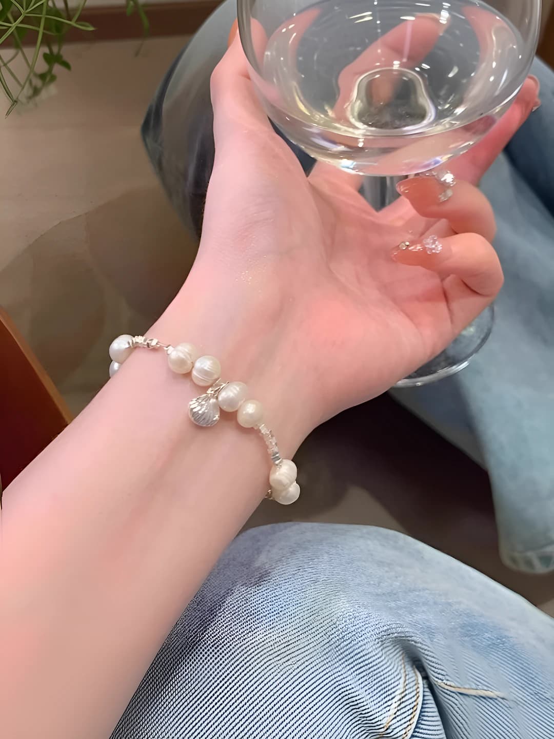 Women's pearl beaded bracelet with chain, Japan-Korea style, geometric shape, fresh and sweet design element