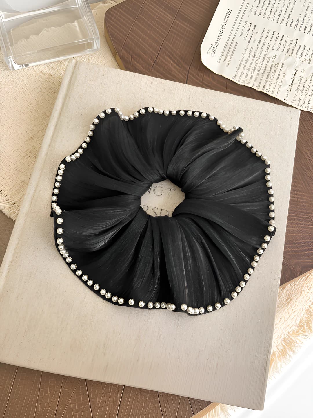 Black beads large chiffon hair tie-17.5 cm