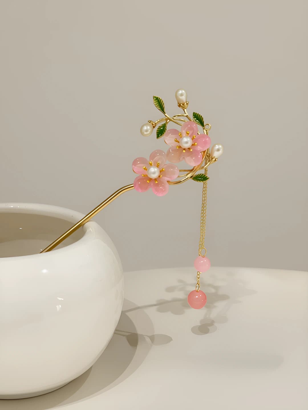 20# Pink double flower pink pearl tassel hairpin - Gold (in bag)