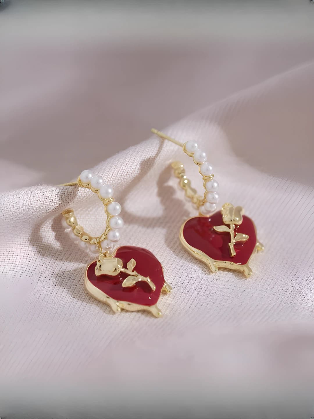 Heart rose pearl stud