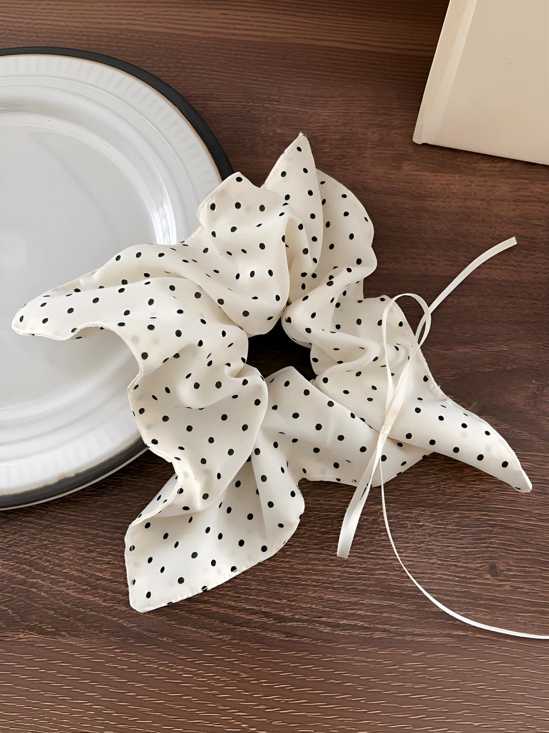 Polka dot ribbon hair tie - White - 1 pc