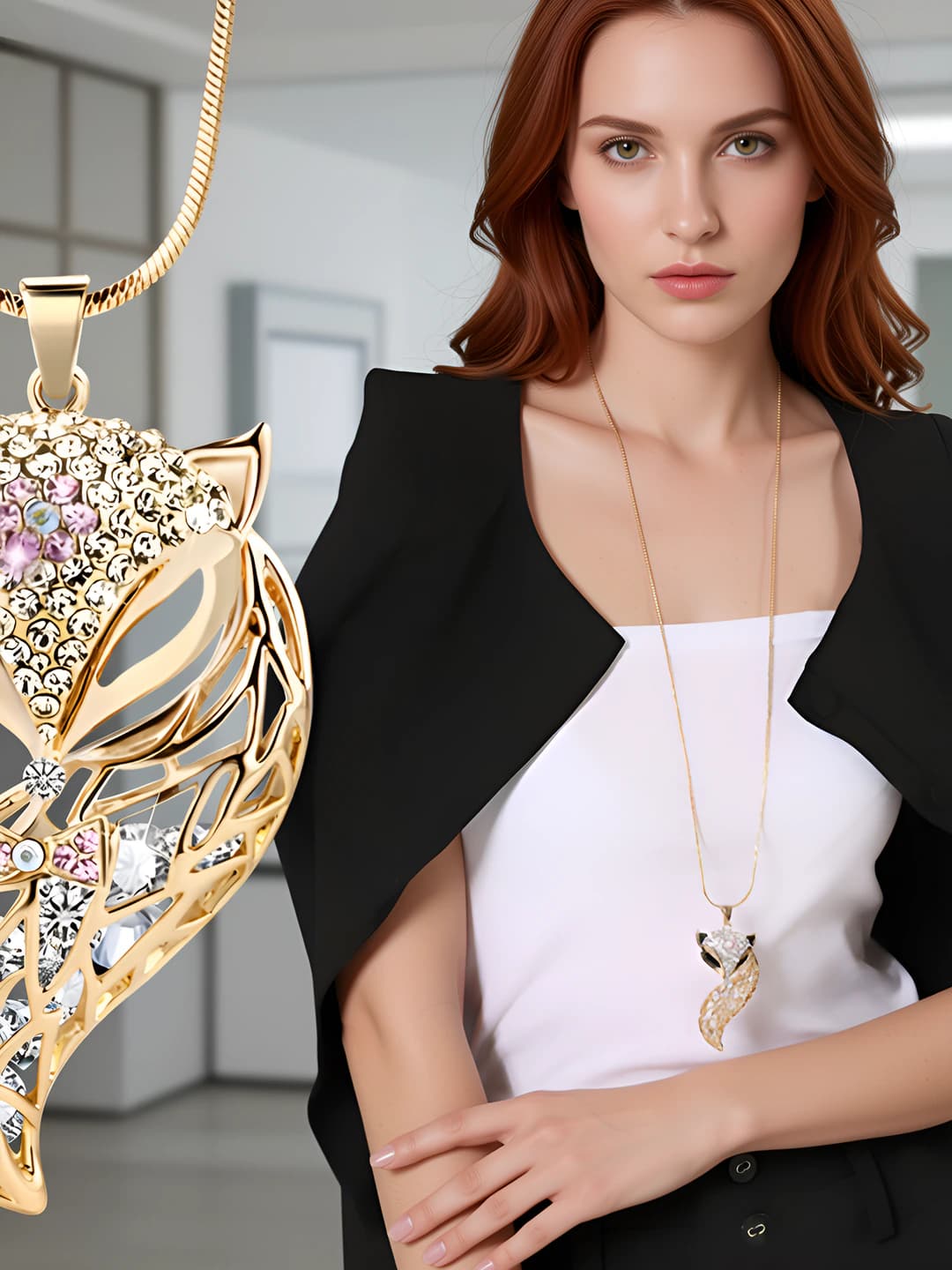 Women's long sweater chain in Korean style with fox design element, sweet style