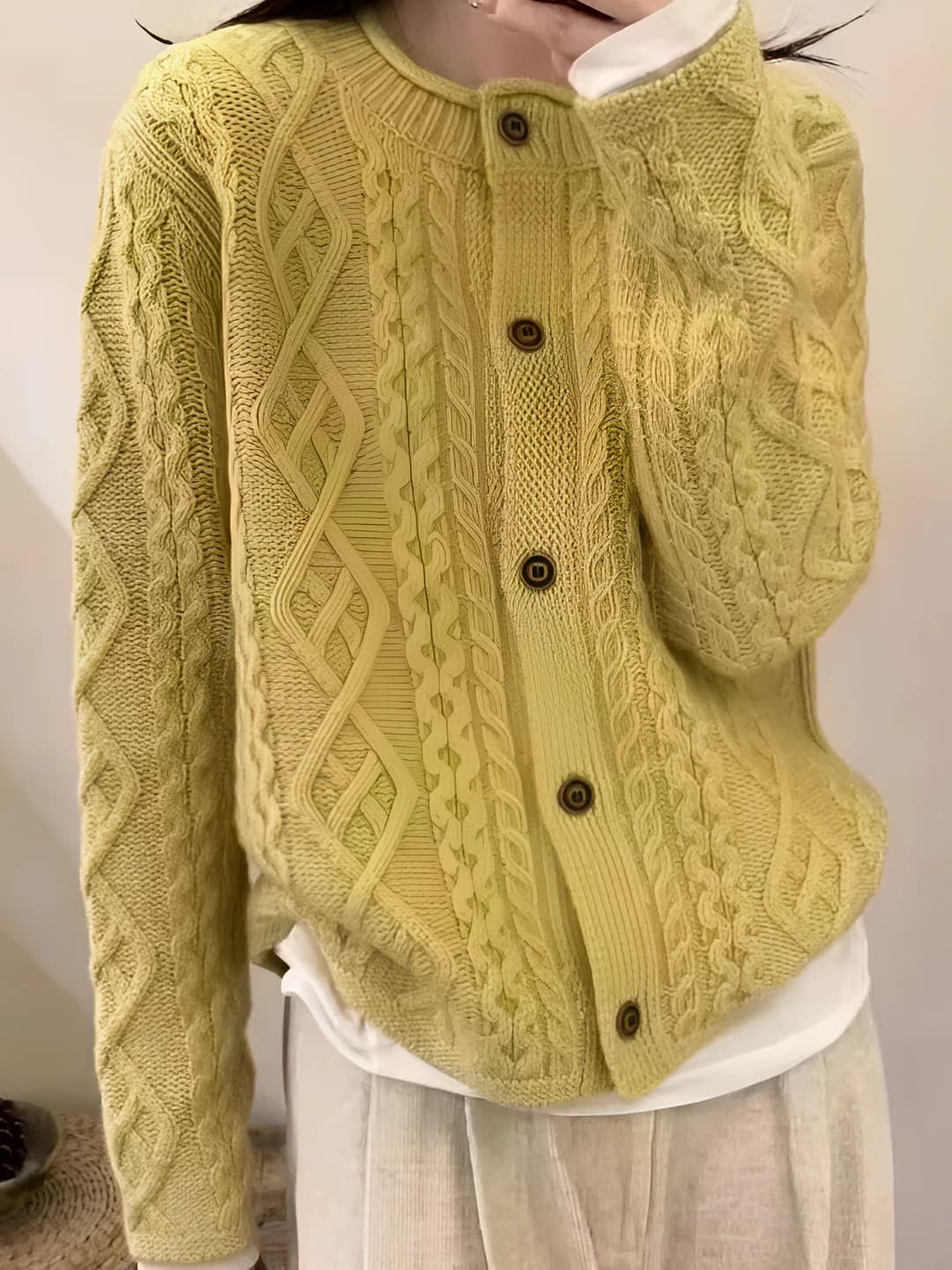 Women's thickened cashmere and wool cardigan for autumn-winter, crew neck, long sleeve, loose fit, solid colour