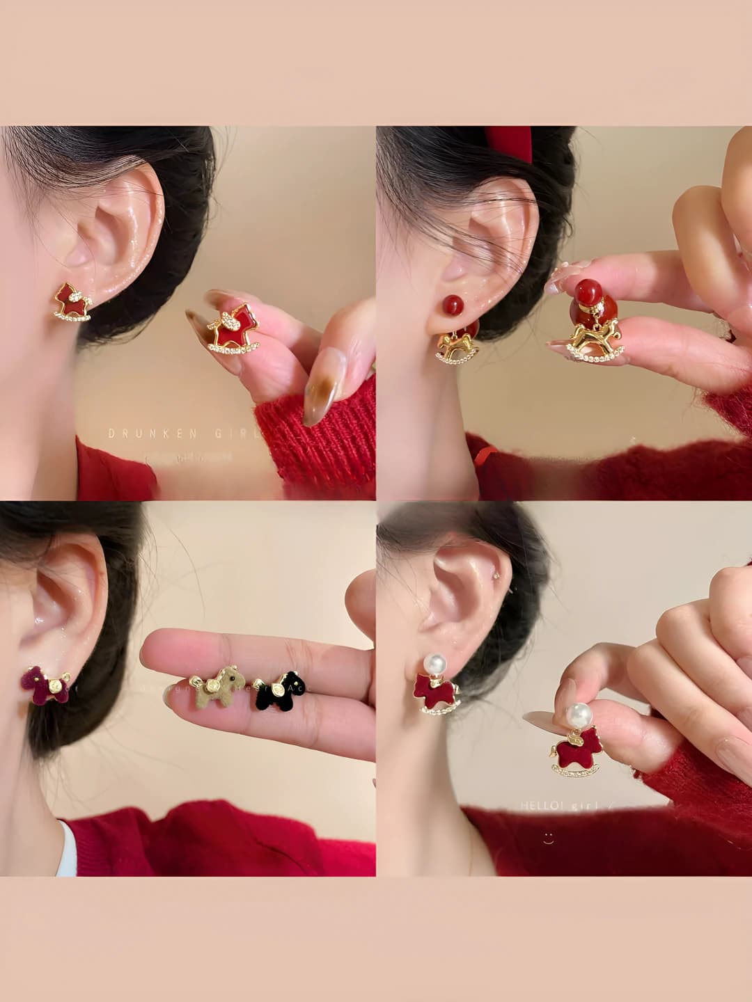 Women's retro red earrings: 2026 winter new style, Chinese style, electroplated, bow, angora red color