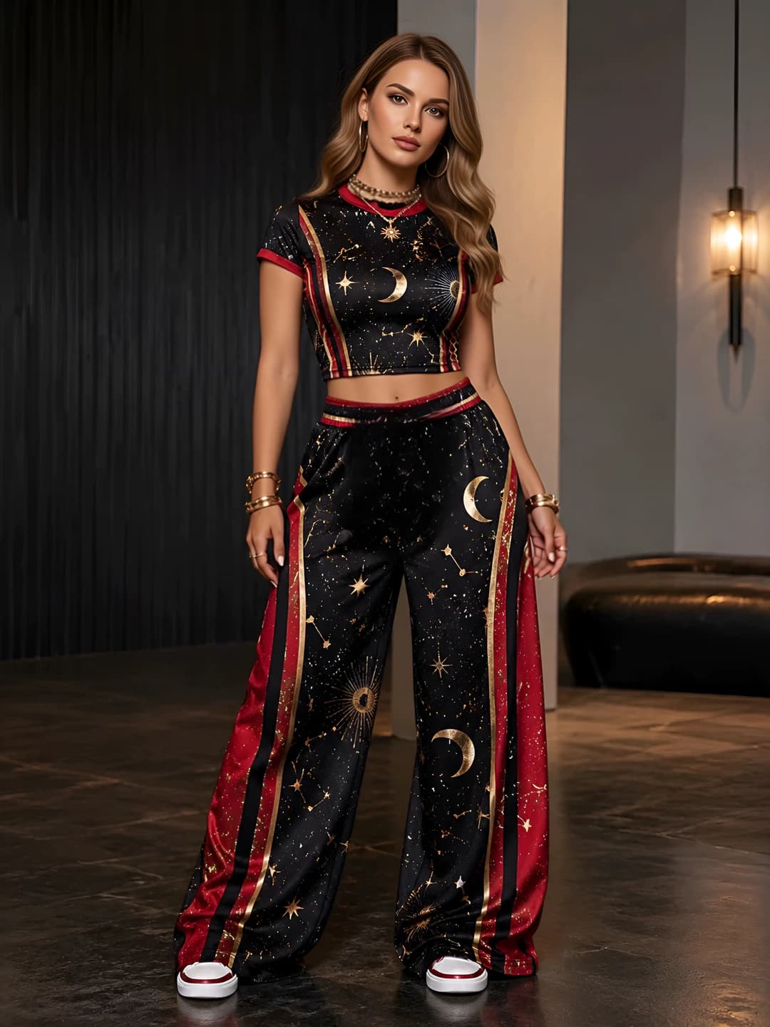 Ayollar uchun bosma naqshli kundalik to'plam (crop top + uzun shim), kalta yeng, to'rt mavsum