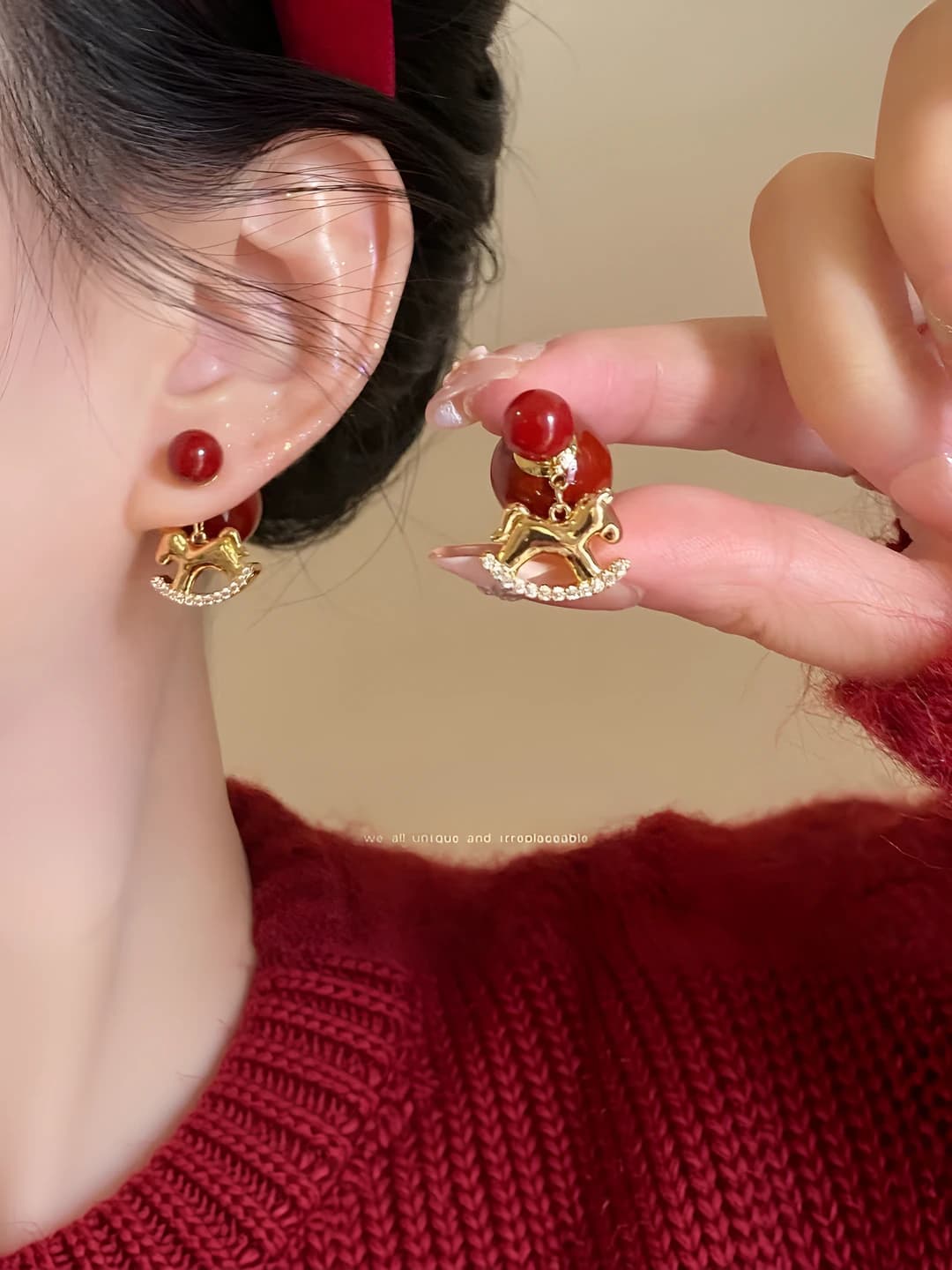 Red pearl pony drop earrings, 2 ways