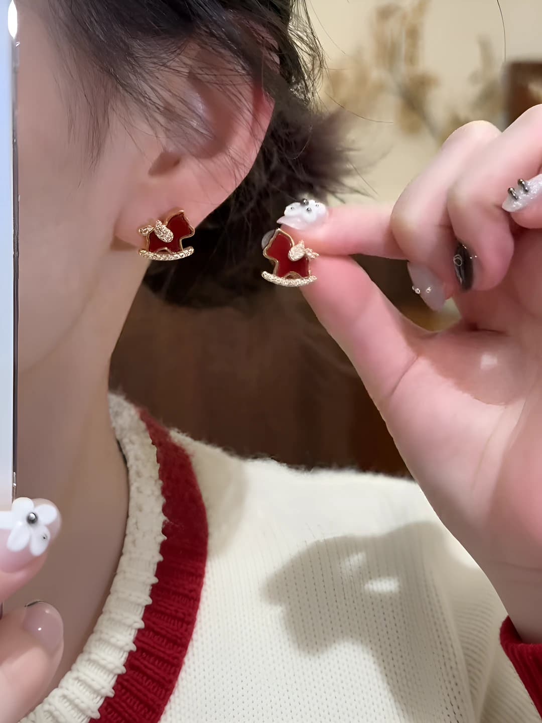 Red enamel zircon pony stud earrings