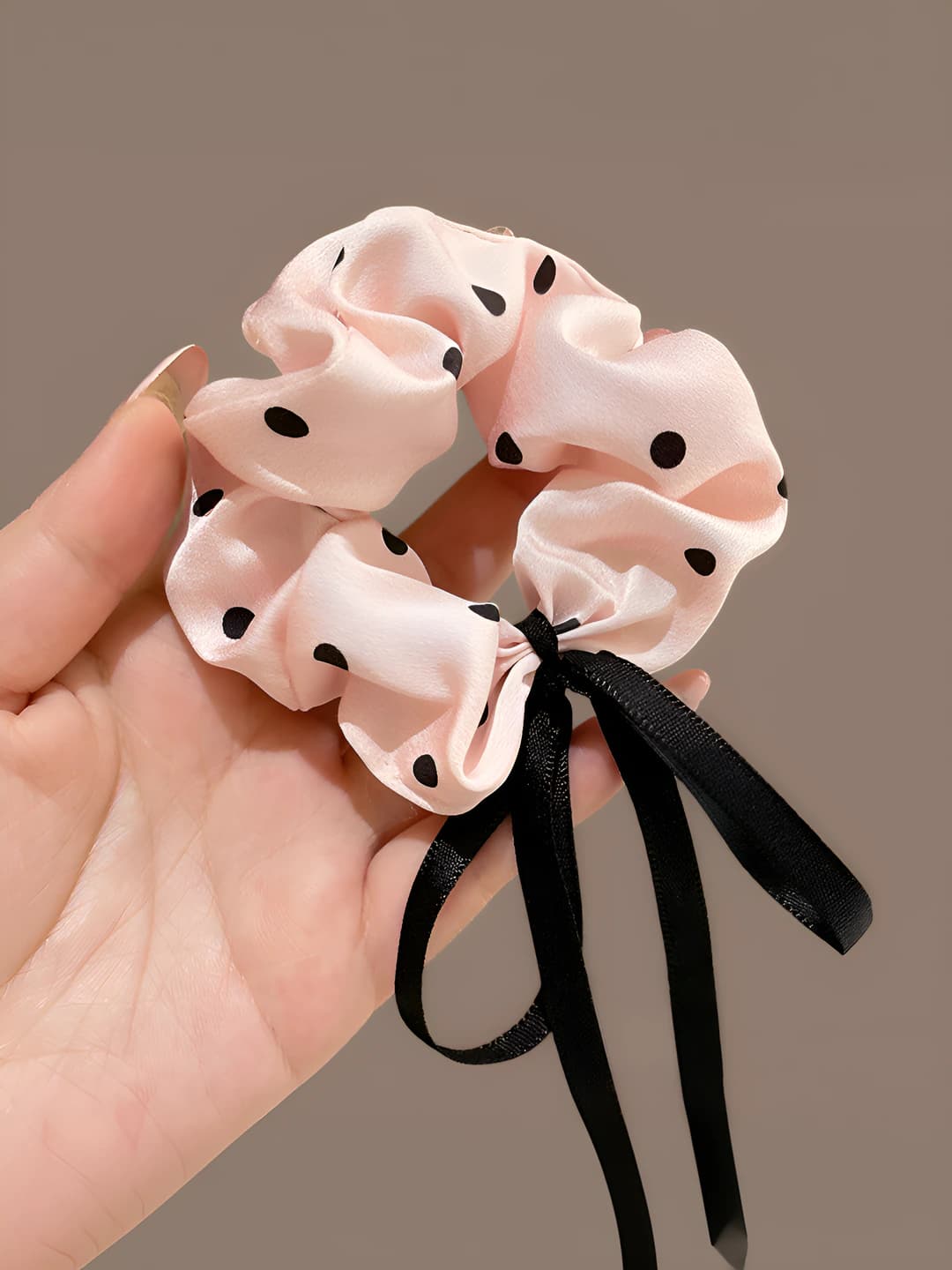 2# Polka dot pink bow ribbon hair tie - ~10 cm