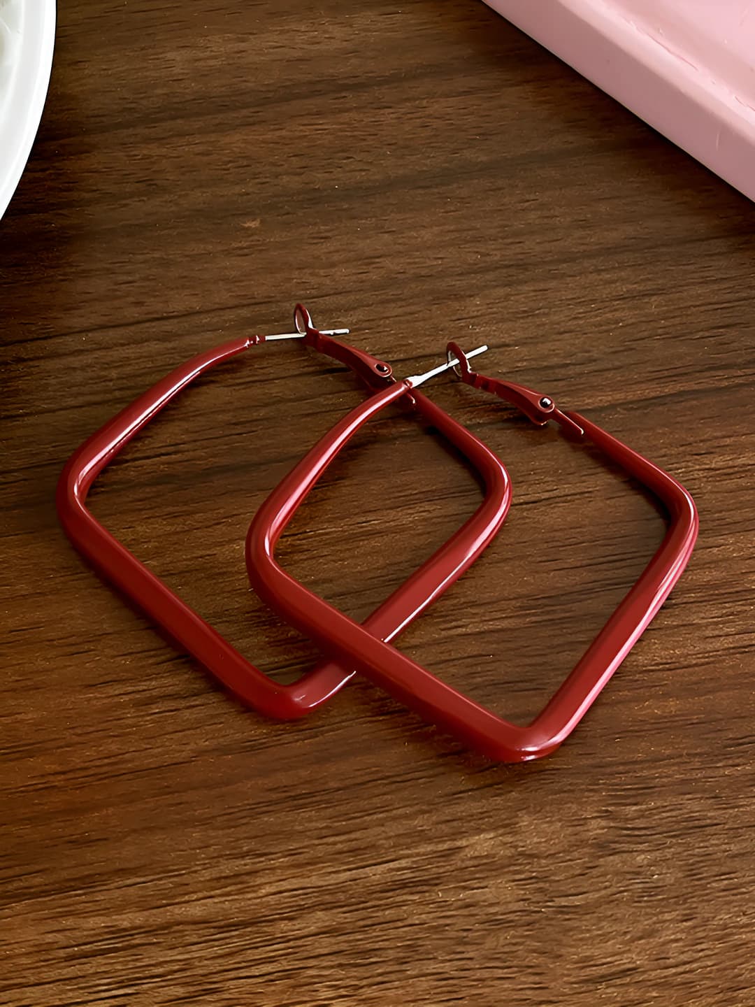 Wine red large square hoop earrings