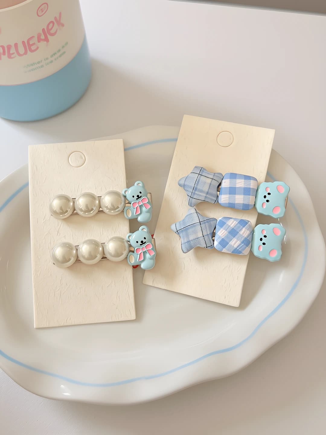 Girls' hair clips: blue bear and star, plaid pattern, faux pearl, side bangs