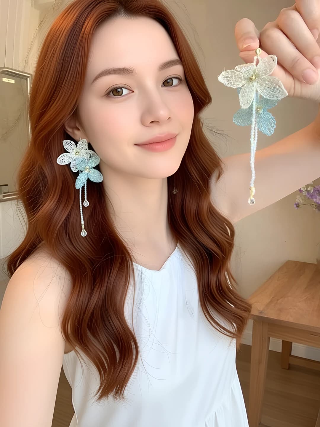 Blue & white colour-block flower earrings