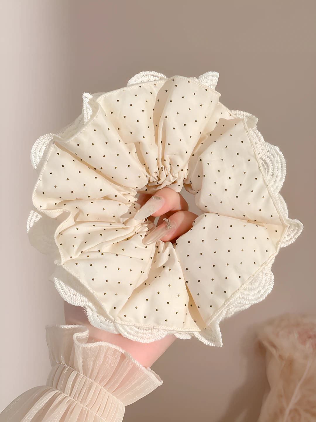 1# White polka dot lace hair tie 19 cm