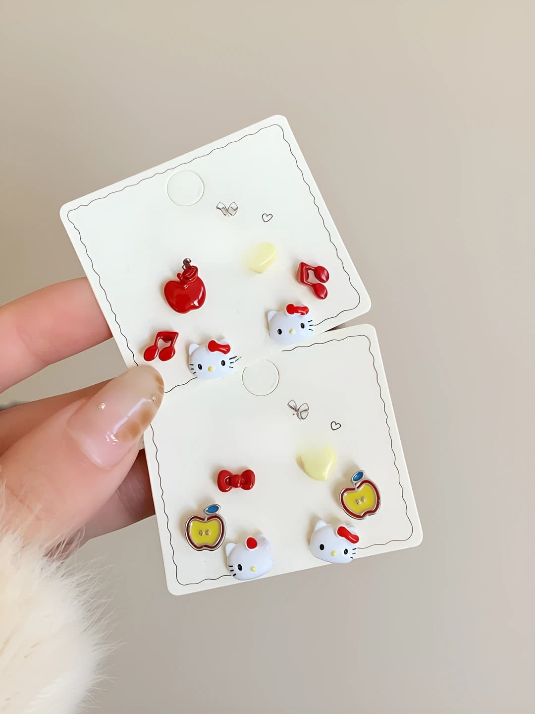 Women's KT cat stud earring set: 925 silver post, heart, fruit and bow shapes, autumn-winter
