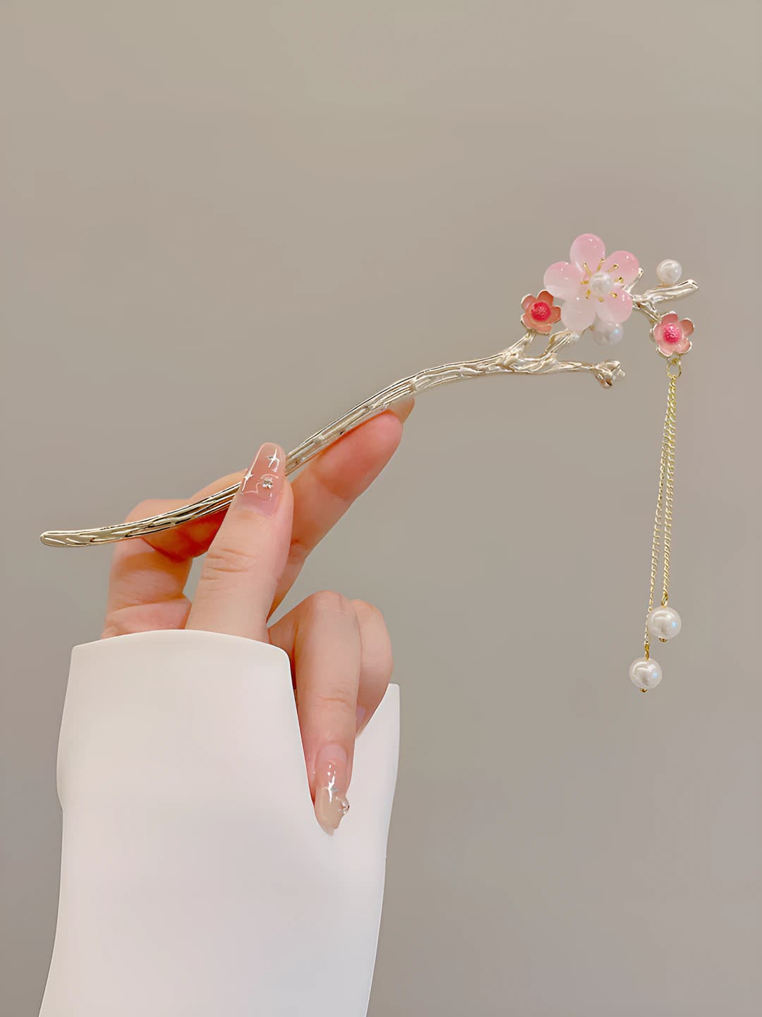 20#Plum blossom pink single flower pearl tassel hairpin