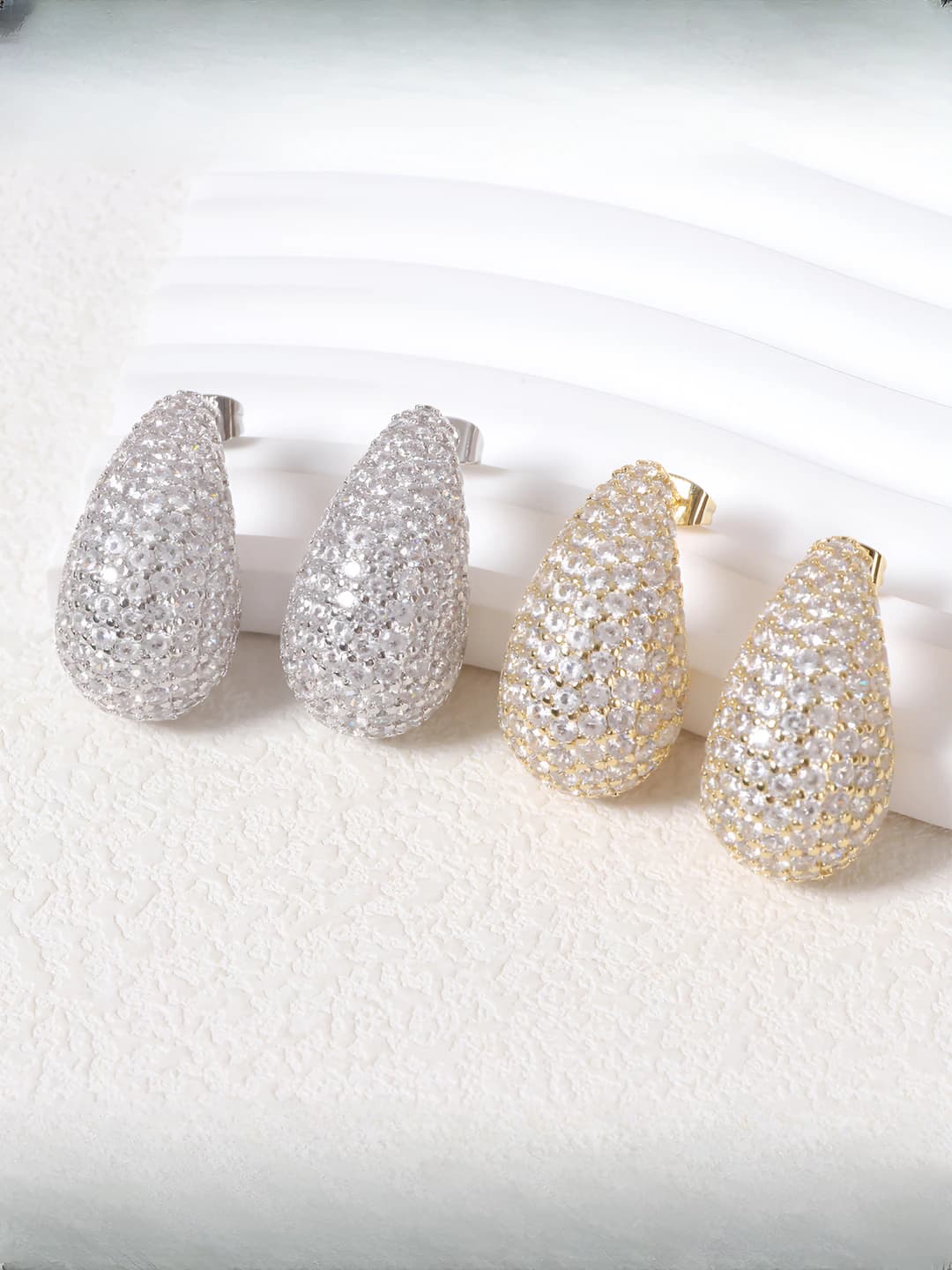 Women's silver post earrings with 18K plating, cubic zirconia, teardrop shape, hollow design, in a light luxury style