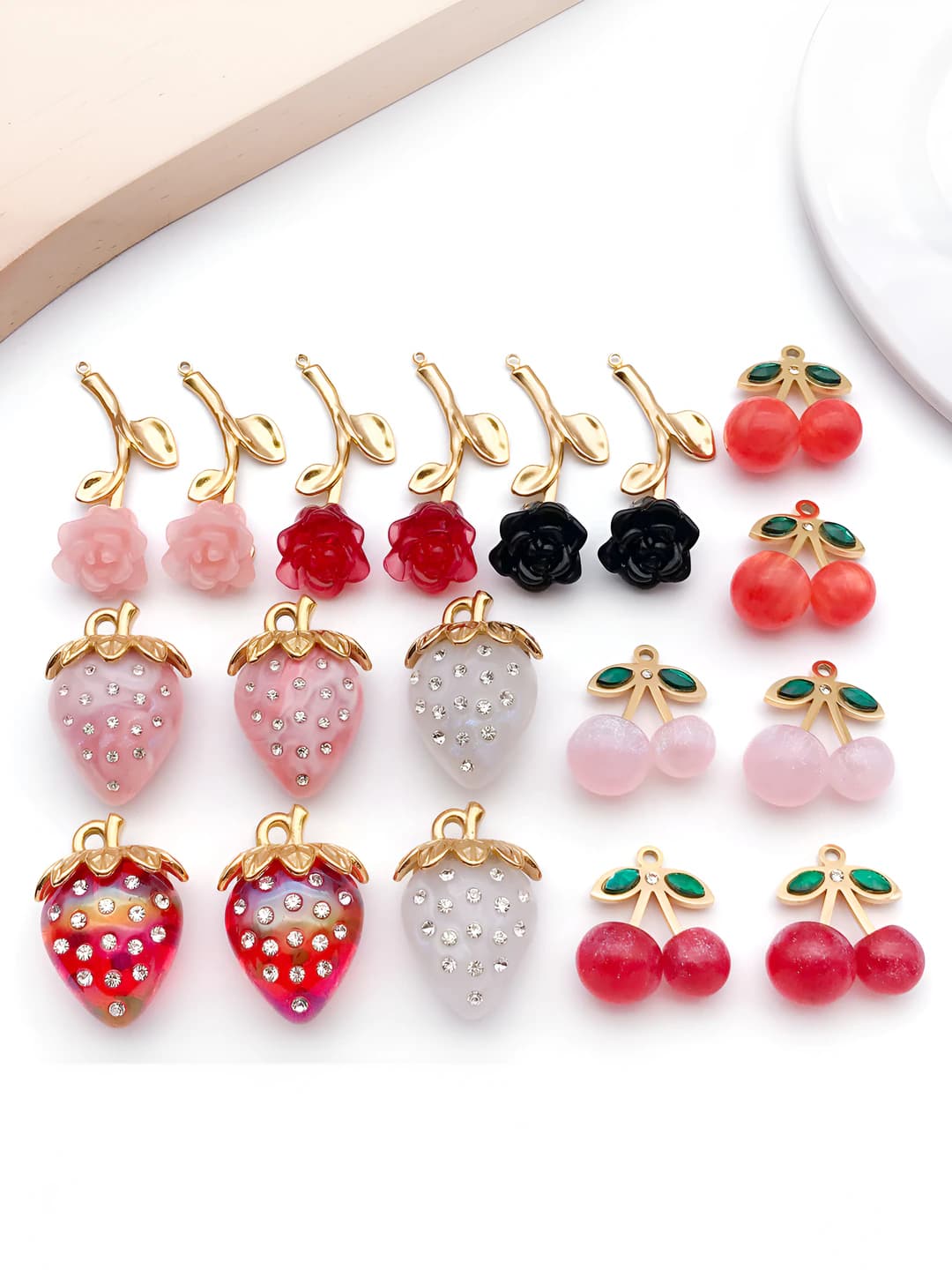 Women's charms: 3D cherry, strawberry and rose pattern, stainless steel, with enamel
