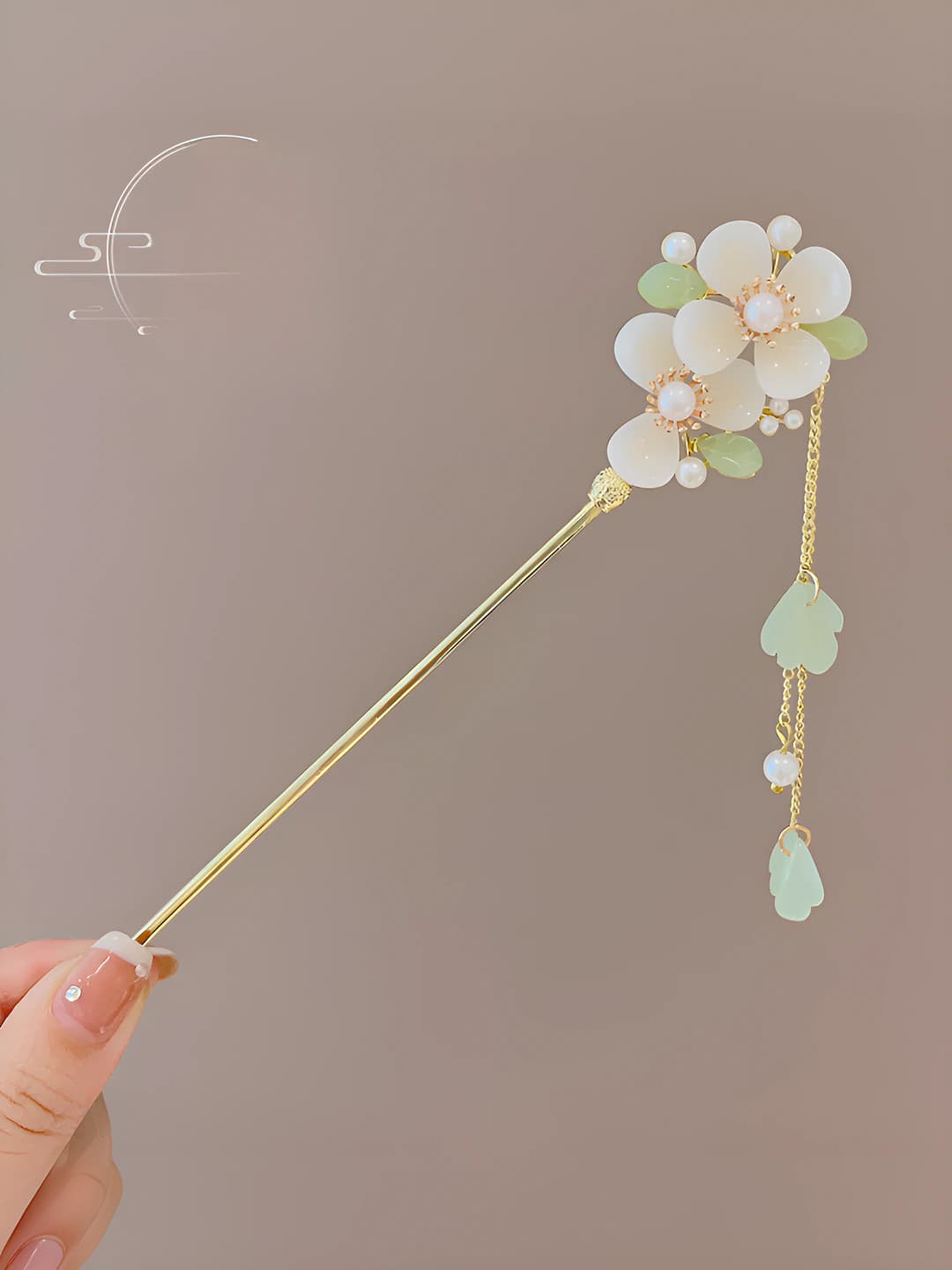 96# White magnolia double tassel hairpin - Gold (bagged)