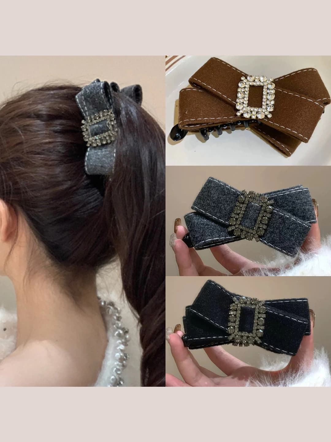 Women's hair clips and combs autumn-winter, retro, large, crystal embellished, fabric, bow design