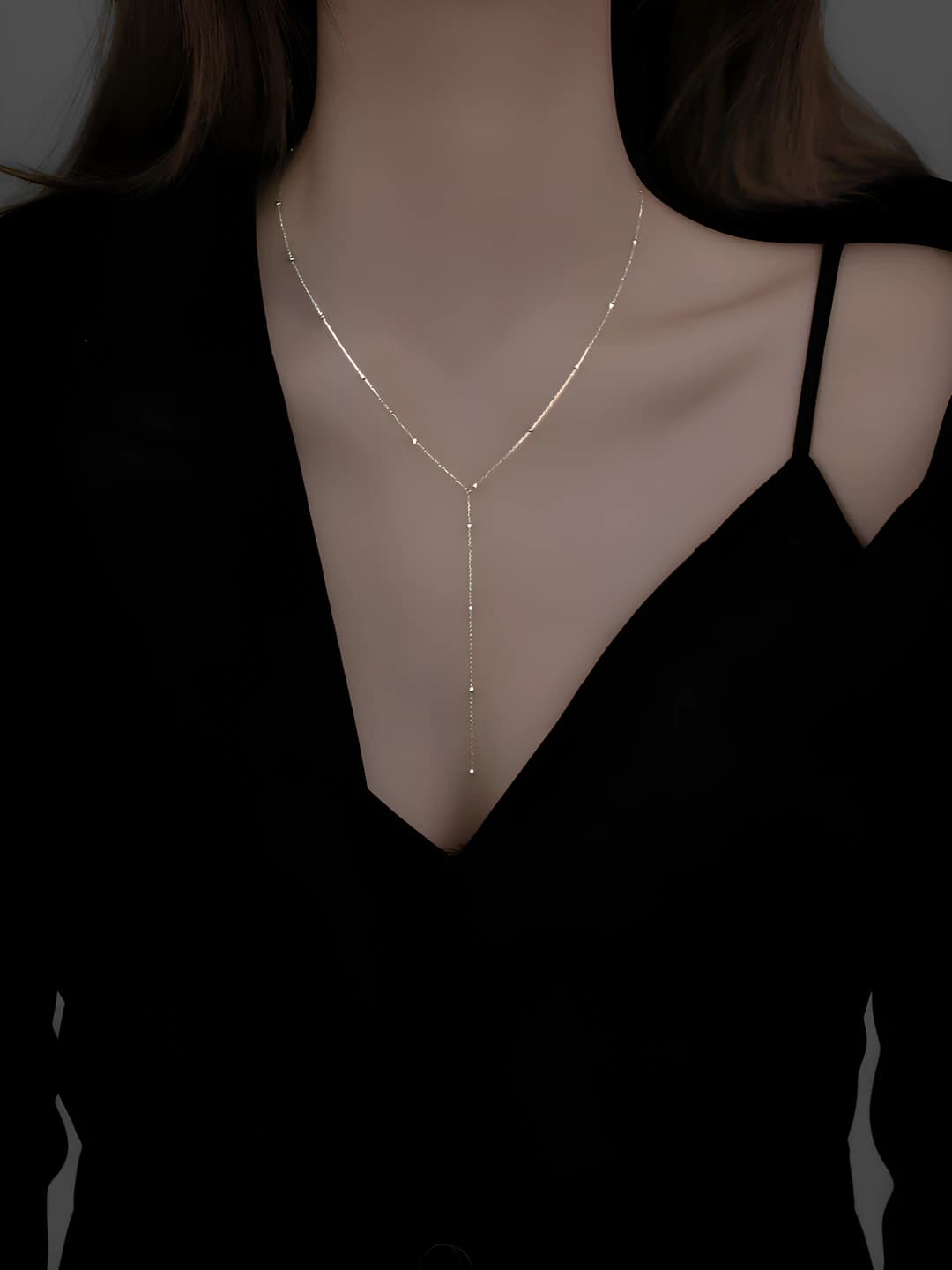 Women's summer Korean style tassel Y-drop chain necklace with asymmetric geometric circles