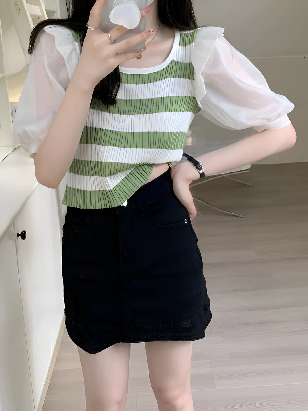 Women's striped short sleeve crew neck slim fit stretch polyester knit top, summer