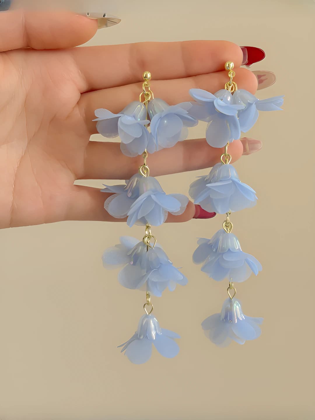 Blue chiffon flower tassel stud earrings