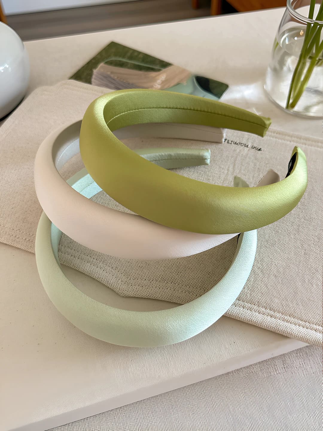 Women's Morandi color satin headband, green, high forehead, summer