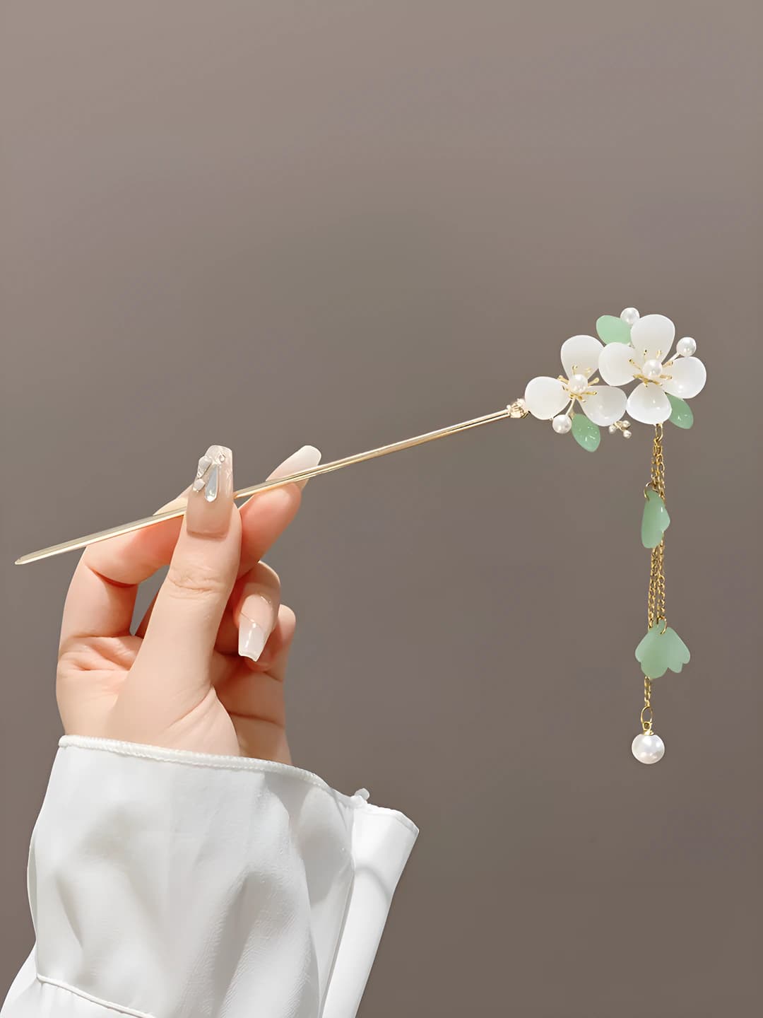 96# White magnolia double tassel hairpin - Gold (bagged)