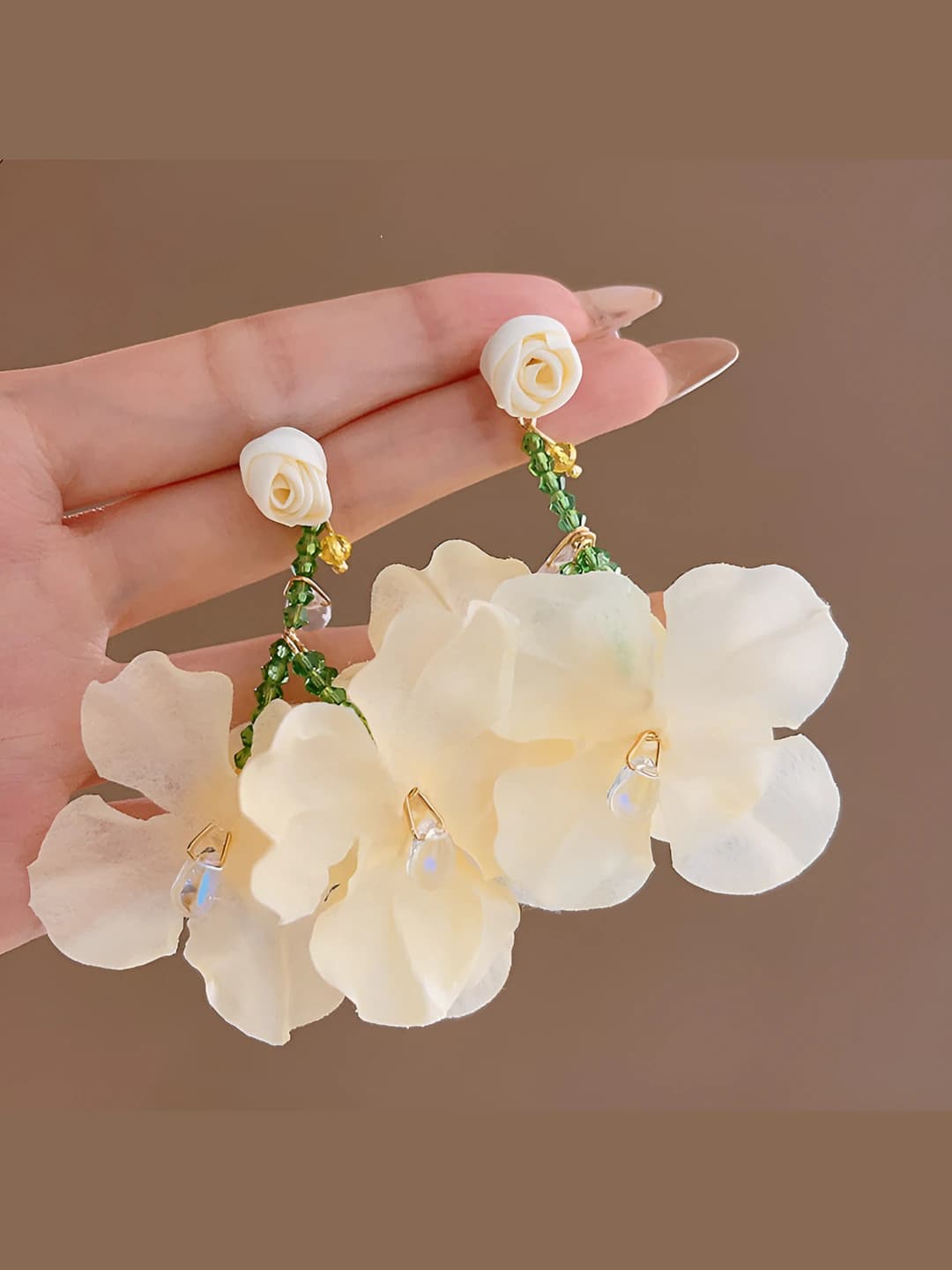 White rose floral tassel earrings