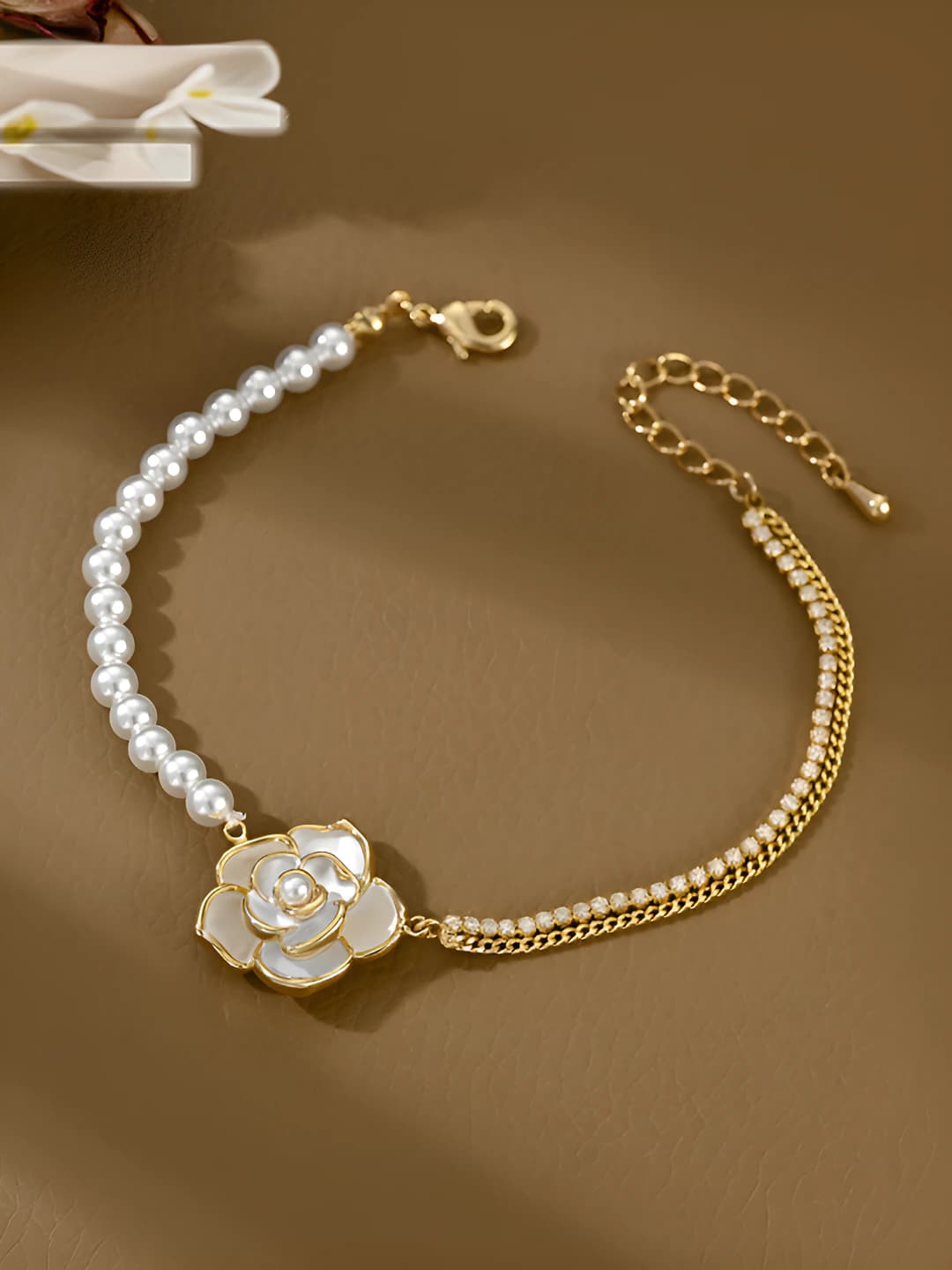 Summer women's bracelet, copper, gold plated, double chain, camellia flower, simple and elegant style