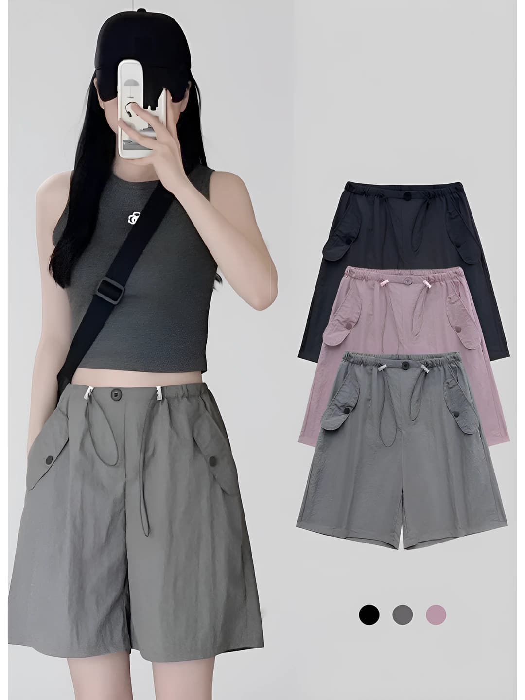 Ayollar uchun yozgi yupqa kundalik cargo shorti, bo'sh (oversize) kesim, baland bel, tez quriydigan sport uslubidagi tizzagacha shorti