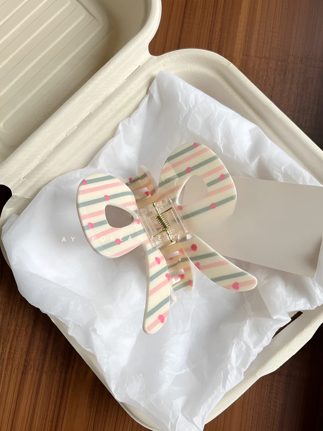Grey-pink striped heart bow