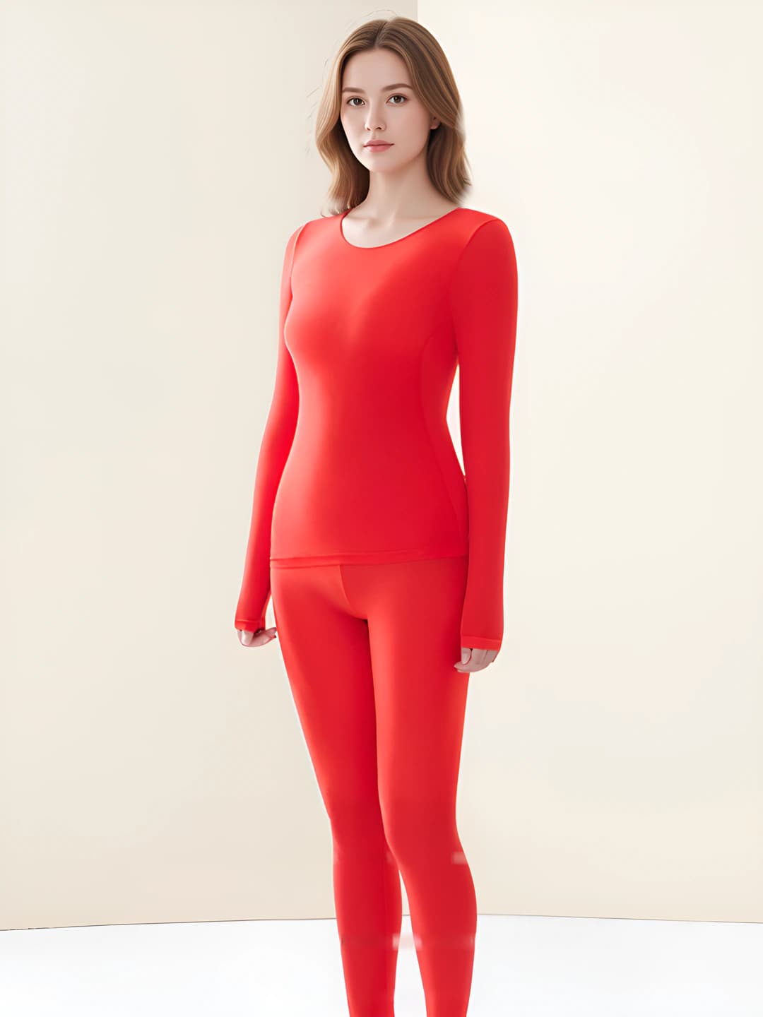 Women's autumn-winter thermal underwear set, ultra-thin, seamless, tummy control, long sleeve, trousers, crew neck, solid colour