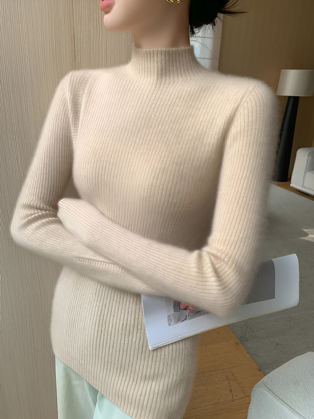 Women's cashmere sweater, mock neck, slim fit, long sleeve, solid colour, extra thick, urban style, pullover